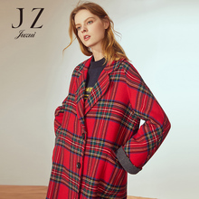 JUZUI/玖姿女装2018冬装新款西装领花呢子格纹针织中长羊毛大衣女图片