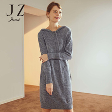 JUZUI/玖姿旗舰店女装2018秋装新款时尚长款套头连帽针织衫图片