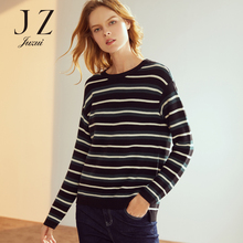 JUZUI/玖姿旗舰店2018秋装新款羊毛圆领条纹毛衣女套头针织衫图片