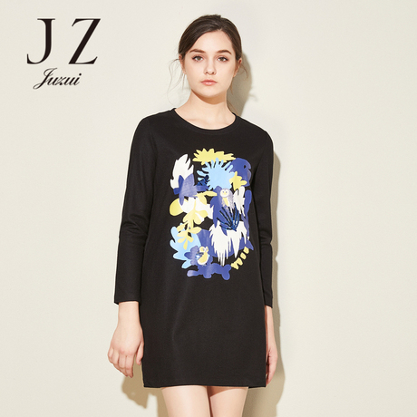 JUZUI-玖姿旗舰店2017新款冬装印花圆领中长款宽松连衣裙女商品大图