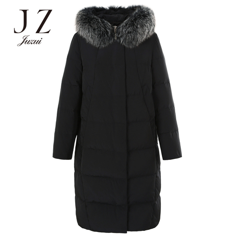 JUZUI/玖姿旗舰店2018冬装新款狐狸大毛领连帽中长羽绒服外套商品大图