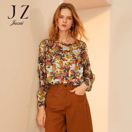 JUZUI/玖姿2018秋装新款荷叶边树叶印花花衫女长袖上衣商品大图