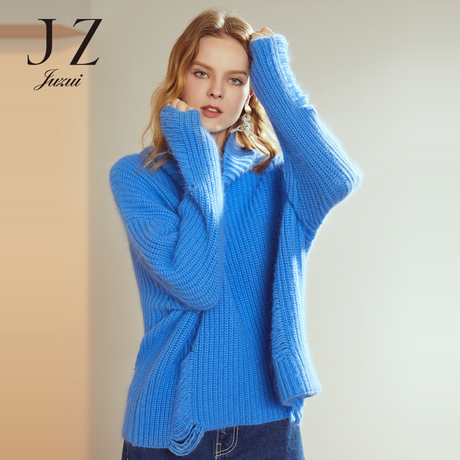 JUZUI/玖姿冬装新款2018时尚糖果色高领慵懒风破洞针织毛衣女套头商品大图