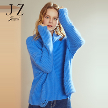 JUZUI/玖姿冬装新款2018时尚糖果色高领慵懒风破洞针织毛衣女套头图片