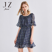 JUZUI/玖姿品牌2018夏新款松紧腰印花荷叶袖抽绳圆领连衣裙女显瘦图片