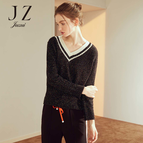 JUZUI/玖姿旗舰店2018秋装杂色混纺V领针织套头长袖时尚毛衫商品大图
