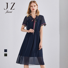 JUZUI/玖姿旗舰店2018雪纺连衣裙收腰系带短袖女装长裙夏显瘦图片