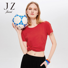 JUZUI/玖姿2018夏新款圆领打底衫纯色修身微弹短袖纯棉T恤女韩范图片