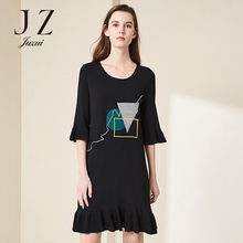 JUZUI/玖姿2018春新品圆领中袖喇叭袖百褶修身针织连衣裙女中长款图片