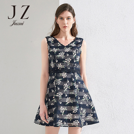 JUZUI/玖姿连衣裙女2018新款修身无袖印花蕾丝雪纺中长裙显瘦女夏商品大图
