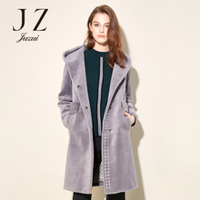 JUZUI/玖姿2017新款连帽中长款纯色口袋气质复合羊毛大衣图片