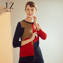 JUZUI/玖姿旗舰店2018秋装中袖圆领撞色休闲羊毛针织毛衫女图片