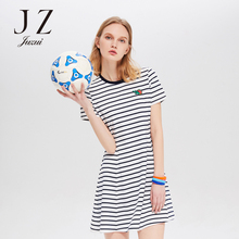 JUZUI/玖姿旗舰店2018夏季新款圆领短袖修身休闲条纹连衣裙女图片