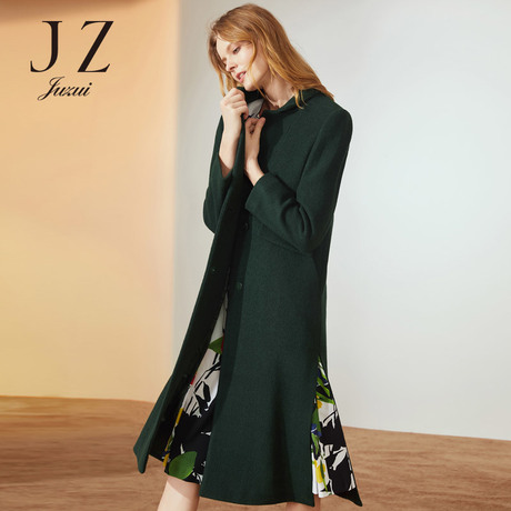 JUZUI/玖姿旗舰店2018冬装新款羊毛呢子中长侧开叉大衣女过膝商品大图