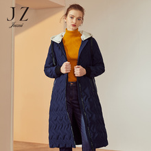 JUZUI/玖姿女装2018冬装新款撞色胶印抽绳连帽长款羽绒服女过膝图片