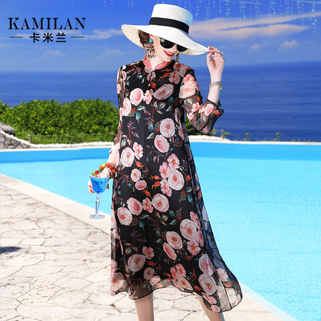 KAMILAN 卡米兰复古小立领真丝连衣裙2019夏新款宽松印花中长裙商品大图