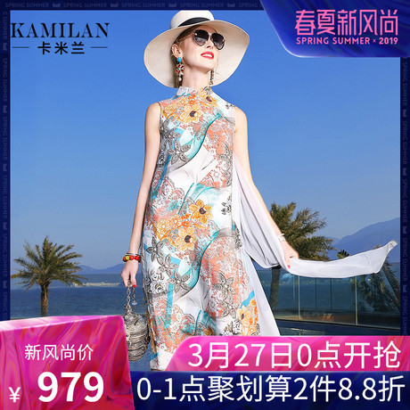 KAMILAN 卡米兰真丝连衣裙女春夏2019新款印花复古小立领改良旗袍商品大图