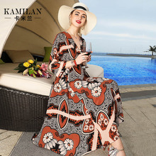 KAMILAN 卡米兰真丝连衣裙女春装2019新款七分袖印花桑蚕丝中长裙图片