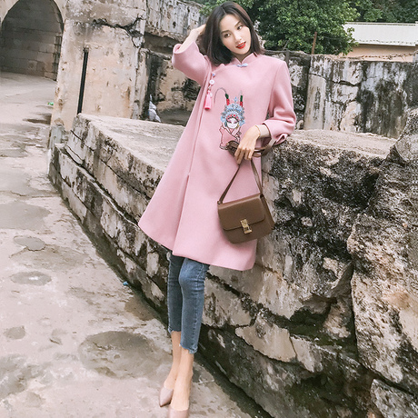 唐装女民国风女装复古风改良旗袍气质温柔粉色毛呢大衣冬装外套商品大图