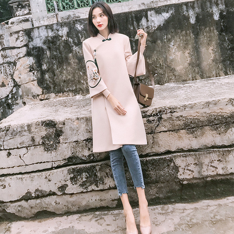 中国风民国风女装改良旗袍唐装复古风汉服毛呢冬装外套大衣盘扣商品大图