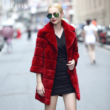 SHE FOX新款西装领整皮獭兔毛皮草中长款外套海宁皮草条纹女装图片