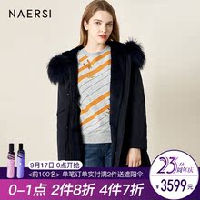 娜尔思女装派克服2018冬季新款系带连帽貉子毛领中长款皮草外套女图片