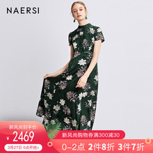 娜尔思女装真丝连衣裙2019夏季新款时尚短袖民族风印花长款连衣裙图片
