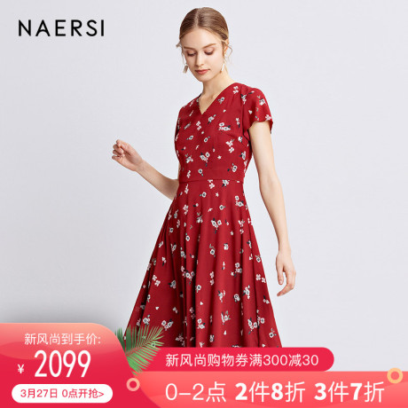 娜尔思女装真丝连衣裙2019夏季新款碎花v领高腰印花中长裙浪漫女商品大图