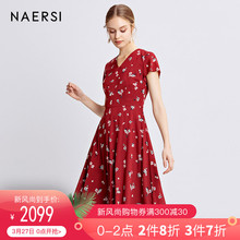 娜尔思女装真丝连衣裙2019夏季新款碎花v领高腰印花中长裙浪漫女图片