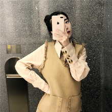 港味复古chic小香风中长款V领马甲背心裙秋冬新款翻领纯色衬衫女