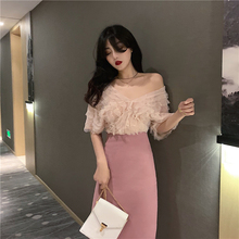 蕾丝衫 女2019新款 套装 V领波浪短袖 高腰开叉半身长裙时尚 夏季韩版