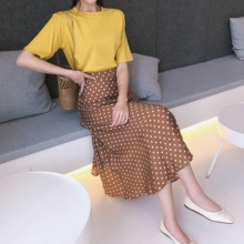 波点高腰大摆半身裙女 tee 港味复古chic圆领纯色短袖 朵拉潮人馆