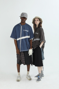 B.L.I.N.D/NOPLAN18ss复古拼色拼接防水结构夏日T恤蓝白灰银