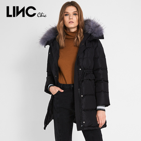 LINC金羽杰2018冬季新品大毛领中长款腰部抽绳羽绒服女潮8414384商品大图