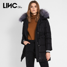 LINC金羽杰2018冬季新品大毛领中长款腰部抽绳羽绒服女潮8414384图片