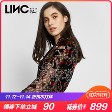 LINC金羽杰2018秋装新款不规则裙摆复古丝绒压花连衣裙女8311569图片