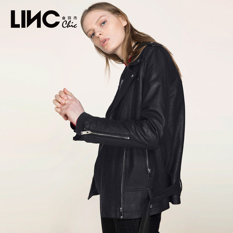 LINC金羽杰2017秋新款时尚个性拉链机车领羊皮外套女皮衣7361302商品大图