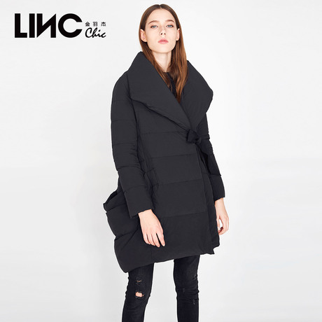 LINC金羽杰冬季新品街头大翻领暗扣围裹感羽绒服女中长款7480901商品大图