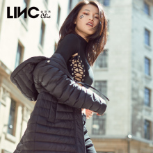 LINC金羽杰2018秋新款95绒直身轻薄羽绒服女长款连帽过膝8323395图片