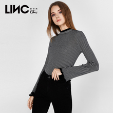 LINC金羽杰2018秋新款小樽领条纹修身毛衣女短款长袖套头8311153图片