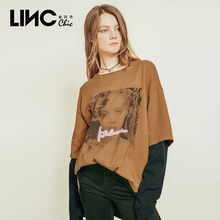LINC/金羽杰2018夏装新款假两件纯棉印花圆领T恤女长袖8261712图片
