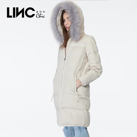 LINC金羽杰冬装新款织带拼接大毛领羽绒服女中长款白鸭绒外套潮商品大图
