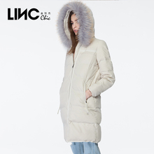LINC金羽杰冬装新款织带拼接大毛领羽绒服女中长款白鸭绒外套潮图片