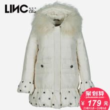 LINC金羽杰新款铆钉装饰实用口袋大毛领连帽羽绒服女中长款图片