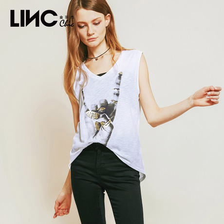 LINC金羽杰2018夏装新款摇滚风纯棉烫金印花背心女宽松潮8231444商品大图