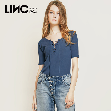 LINC金羽杰2018夏季新款英伦复古镂空绑带针织衫女五分袖8250617商品大图
