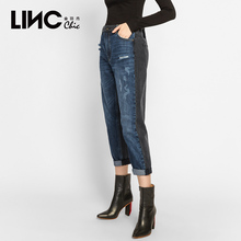 LINC金羽杰2018秋装新款双色拼接破洞立体猫须牛仔裤女潮8322254图片