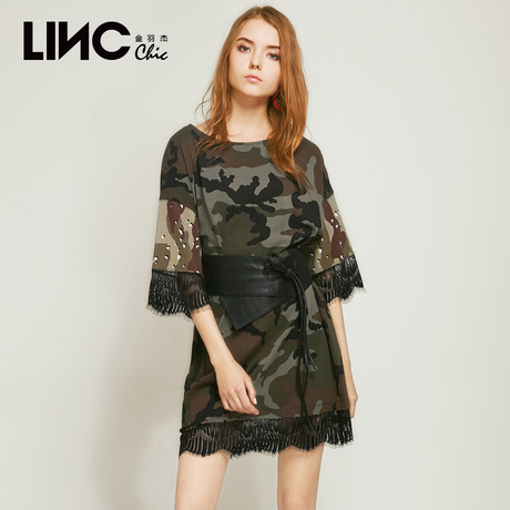 LINC金羽杰2018夏季新款蕾丝拼接双迷彩T恤裙女连衣裙 8261708商品大图