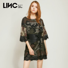 LINC金羽杰2018夏季新款蕾丝拼接双迷彩T恤裙女连衣裙 8261708图片