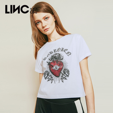 LINC金羽杰2018夏季新款刺绣印花纯棉短袖T恤女短款宽松潮8231436商品大图